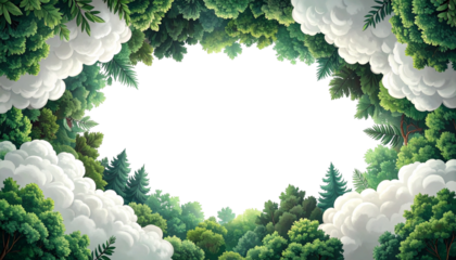 Lush forest canopy forms a border with fluffy clouds around a black void