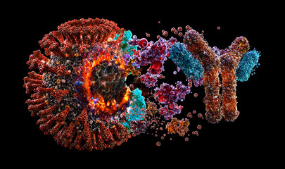 Virus particles interacting with human antibodies. Molecular immunology scene showing antigen–antibody binding, infection defense mechanisms, immune system activity. Medical research, biotechnology 3D
