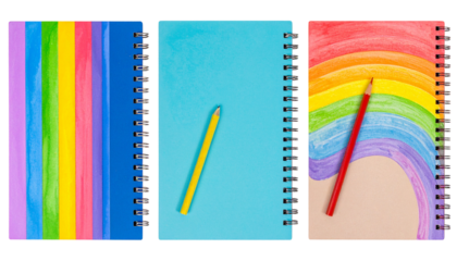 Three spiral notebooks with colorful covers & pencils, arranged in a row