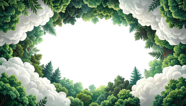 Lush forest canopy forms a border with fluffy clouds around a black void