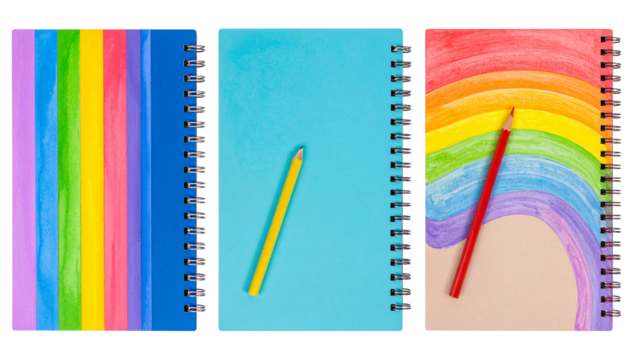 Three spiral notebooks with colorful covers & pencils, arranged in a row