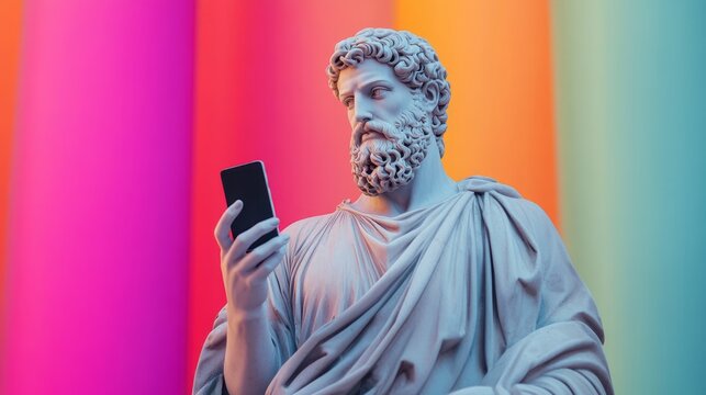Ancient marble statue holding smartphone on bright yellow background, symbolizing the contrast between classical heritage and modern communication in humorous artistic digital interpretation cellphone