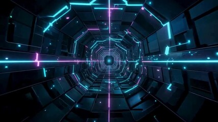 Dynamic neon tunnel plunges forward with vibrant blue and pink lights, creating an energetic, futuristic journey perfect for tech and gaming concepts - Powered by Adobe