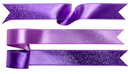 Three purple ribbons with glittery texture against a black backdrop
