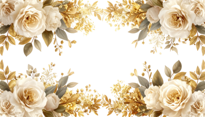 Floral border with white roses and golden accents on a black background