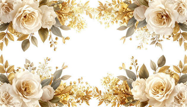 Floral border with white roses and golden accents on a black background - Powered by Adobe