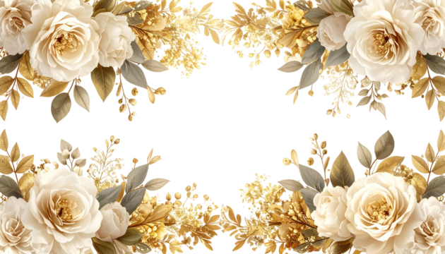 Floral border with white roses and golden accents on a black background