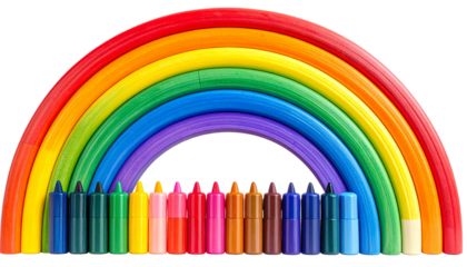 A vibrant, colorful rainbow formed by pens of varying hues against a dark background