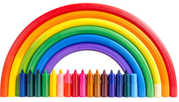 A vibrant, colorful rainbow formed by pens of varying hues against a dark background