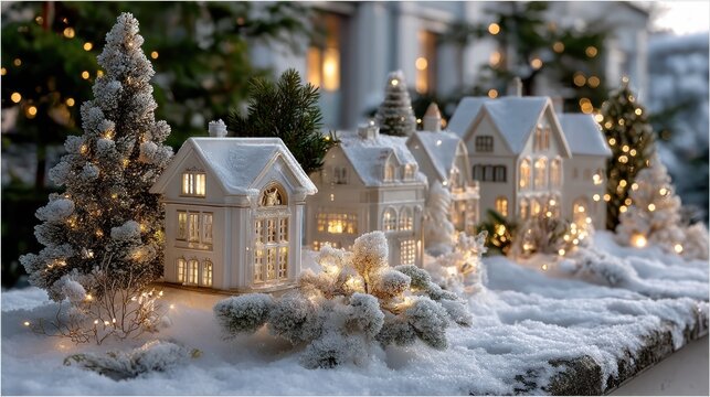 A serene Christmas village at dusk, softly lit by warm lights amidst snow-covered trees in a peaceful winter wonderland atmosphere evokes calmness and nostalgic joy. 