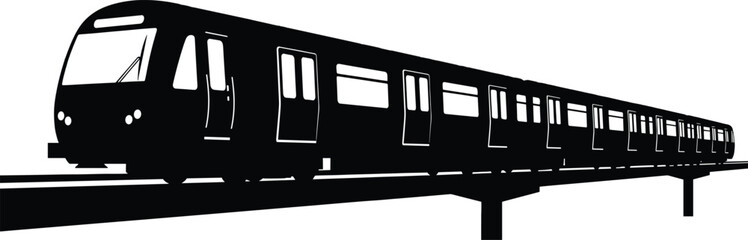 Black silhouette of a modern metro train on an elevated track, train, metro, subway, public transport, transportation, urban, city, travel, commute, silhouette, black and white, graphic, illustration,