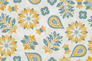 Ikat damask floral seamless pattern with ornate ornamental and ethnic-inspired motifs. Stylish textile design traditional craftsmanship with modern sophistication, ideal for fabric printing
