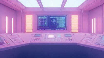 Futuristic spaceship control room console with glowing screens - Powered by Adobe