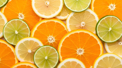 Vibrant citrus slices orange lime and white background