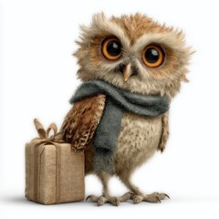 Naklejka premium Whimsical cartoon owl in a cozy scarf, carrying a wrapped gift in a magical forest setting during twilight hours