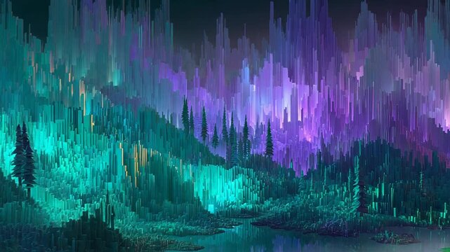 Digital landscape with pixel sorted forest and aurora borealis light