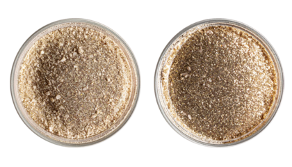 Two open containers, each filled with shimmering, metallic powder pigments