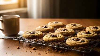 Warm chocolate chip cookies freshly baked with a cup of coffee