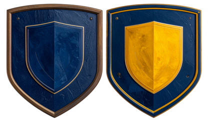 Two heraldic shields one blue, one gold, both within wooden frames