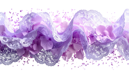 Delicate purple lace swirls with flower petals against a black background