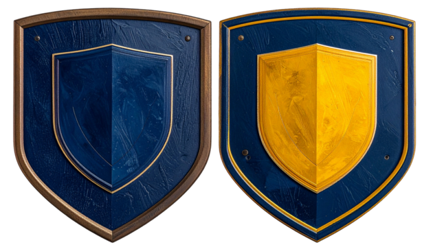 Two heraldic shields one blue, one gold, both within wooden frames