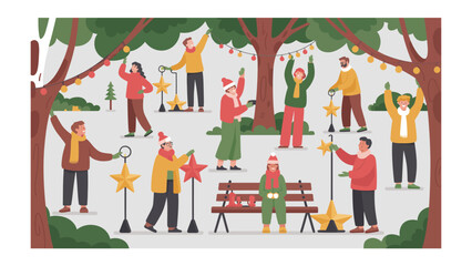 Winter Festival Preparations: A lively gathering of individuals joyfully adorn a park, transforming it into a festive winter wonderland with twinkling lights and charming decorations.