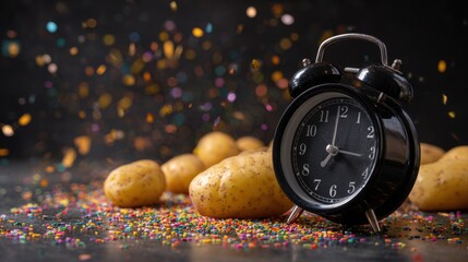 Quirky Alarm Clock and Potatoes Amidst Colorful Confetti