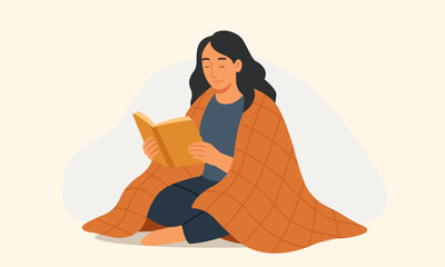Woman reading book under cozy blanket in calm interior. Warm vector illustration about comfort, relaxation and quiet evening moments.