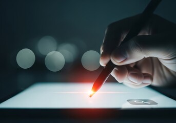 Person using a stylus on a tablet with a glowing screen in a dimly lit environment with bokeh lights