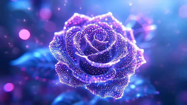 Abstract glowing rose, composed of  dots of vibrant purple and blue light, against a dark background with bokeh effects