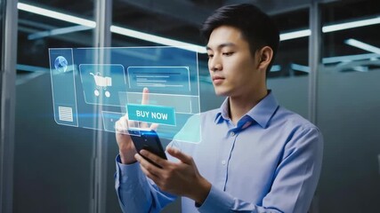 Modern business man using smartphone with futuristic digital holographic interface, symbolizing innovation technology connection and data communication in a professional corporate environment progress - Powered by Adobe