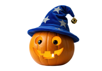 Jack-o -lantern with wizard hat isolated on white, Halloween pumpkin with carved face and blue star-covered hat for spooky holiday decoration