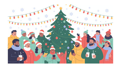 Gathering by the Christmas tree: A diverse crowd of people gathered around a vibrantly decorated Christmas tree in a scene of festive cheer and togetherness, surrounded by cheerful holiday lights.