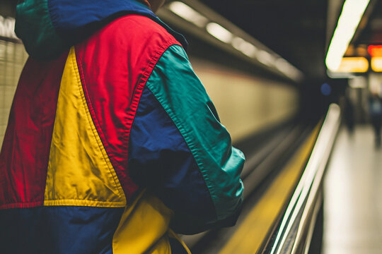 Urban subway scene with stylish person riding train through city local public transportation commute generative ai