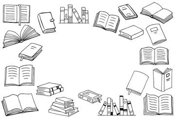 Frame of books. Collection of various position books with open and developmental pages symbol.