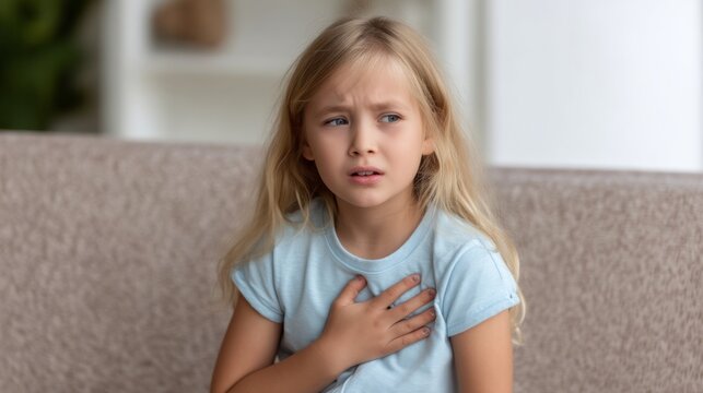 Little girl feeling worried and scared, having chest pain difficulty breathing, experiencing anxiety and panic attacks