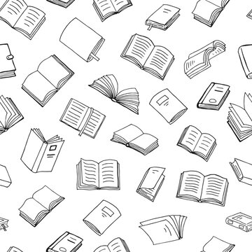 Books outline sketch. Seamless pattern. Bookstore, library line symbols.