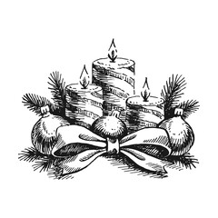 Christmas candle. Vector Holidays illustration of three candles with pine branches, knot, christmas baubles.