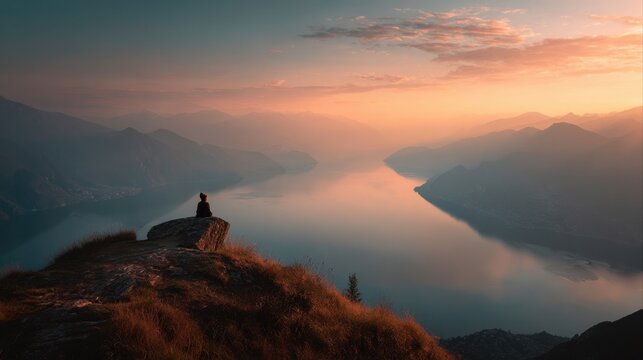 Peaceful Person Meditating Over Majestic Mountain Lake Sunset
