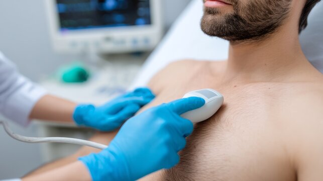 Doctor performing a cardiac ultrasound examination on a male patient for heart health diagnosis and prevention