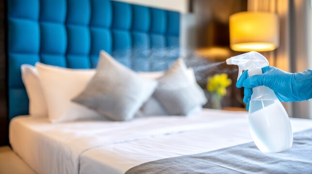Housekeeping staff disinfecting hotel room bed for hygiene. Cleaning service ensuring safety and sanitation for guests