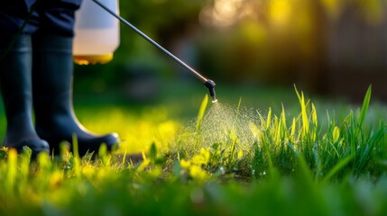 Person spraying herbicide or pesticide on green grass in sunlight, controlling weeds and pests in the garden