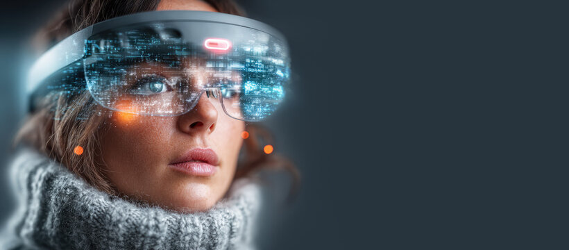 Young woman wearing blue futuristic augmented or mixed reality glasses on dark blue banner with copy space. Concept of digital information.