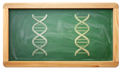 Two green, stylized DNA double helix illustrations on a green chalkboard