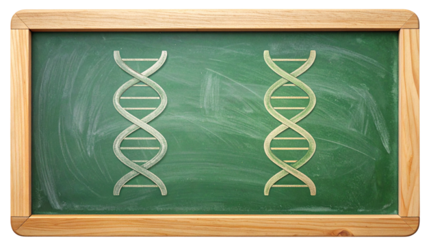 Two green, stylized DNA double helix illustrations on a green chalkboard