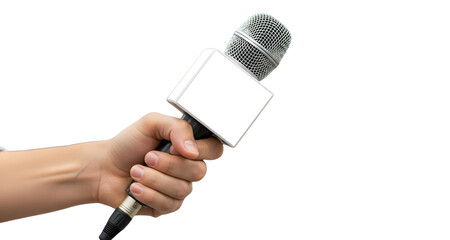 Hand holding reporter microphone with blank white cube mockup isolated on white