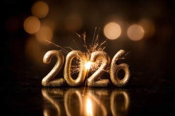 Golden 2026 numbers sparkling celebrating new year, future, and festive holidays with bokeh lights