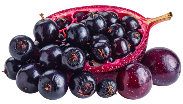 Vivid close-up of dark purple berries, some halved, revealing seeds