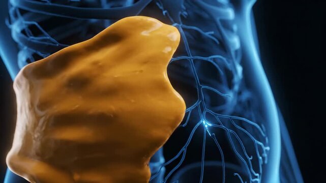 Visceral fat tissue wraps closely around abdominal organs, forming thick yellow mass that encases belly in medical anatomy display.