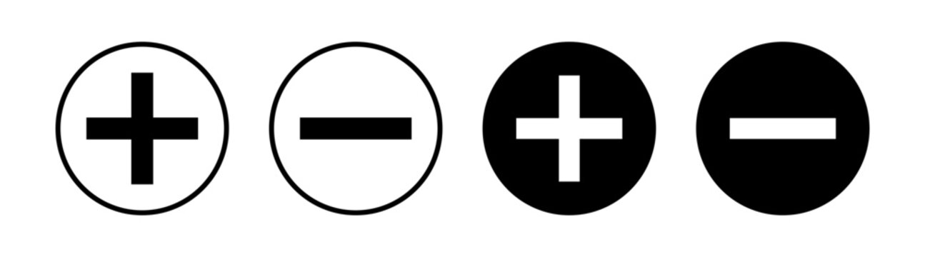 Plus and minus icon set with outline and solid circle symbols on transparent background